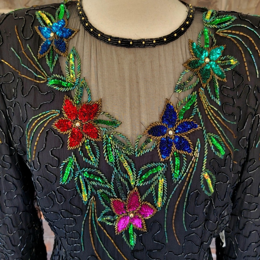 Scala Dress Womens XL Black Silk Beaded Sequin Floral Evening Gown Long Sleeve - Picture 3 of 11